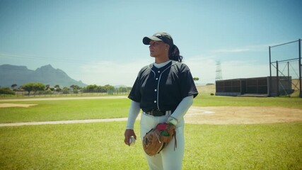 A female pitcher stands poised on the baseball field, holding her glove and ball, focused on the game ahead. Her determination is evident as she prepares to throw the next pitch. - Powered by Adobe