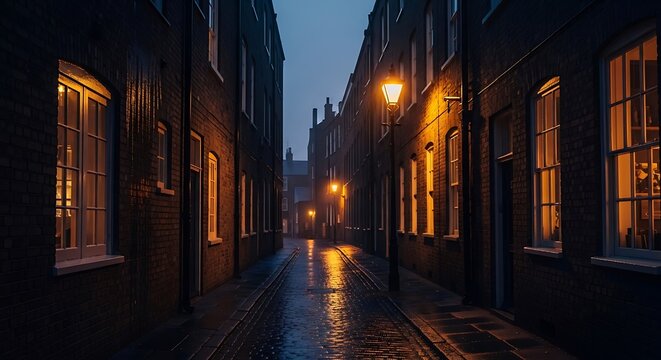 A narrow cobblestone street, lit by warm streetlights and the windows of brick buildings, at dusk. The wet road glistens - Powered by Adobe