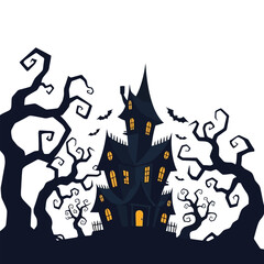Spooky haunted house with bats and dead trees