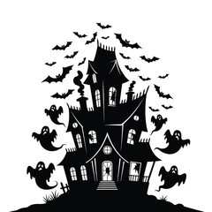 Haunted castle silhouette with ghosts and bats isolated on white background