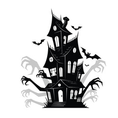 Creepy haunted house with monster hands and bats isolated on white background