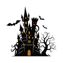 Spooky haunted castle with bats and dead tree isolated on white background
