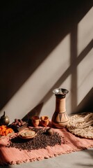 Traditional ethiopian coffee ceremony setup with jebena, beans, and cups in warm sunlight