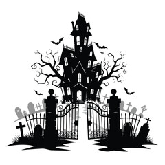 Creepy haunted mansion with gate and graveyard isolated on white background