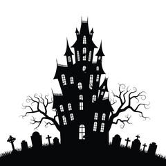 Creepy haunted mansion silhouette with gravestones and bare trees isolated on white background