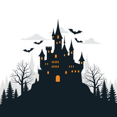 Dark castle silhouette with bats and bare trees on a hill at night