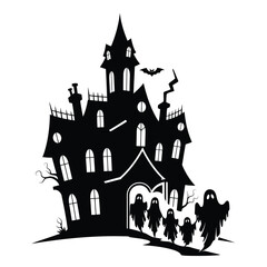 Silhouette of a haunted house with ghosts and a bat isolated on white background