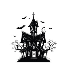 Haunted house silhouette with bats and dead trees at night