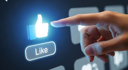 Hand pressing luminous 'Like' button on digital screen, engaging with social media interaction and positive feedback online