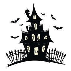 Haunted house silhouette with bats and fence isolated on white background