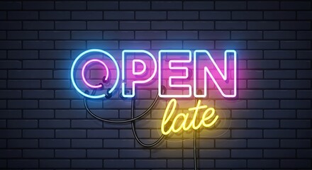 A neon sign on a brick wall, displaying the word "OPEN" above "late." The bright sign glows with blue, purple, and yellow light