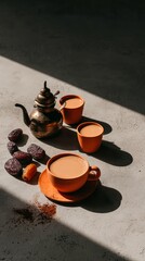 Traditional chai with dates and brass teapot in sunlit setting