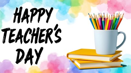 Celebrate Happy Teacher's Day with colorful pencils in a mug resting on yellow books against a vibrant watercolor background for educational designs