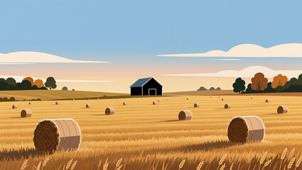 Obraz premium Golden fields with hay bales under a peaceful sunset sky
