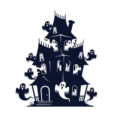 Haunted house with ghosts and bats flying around isolated on white background