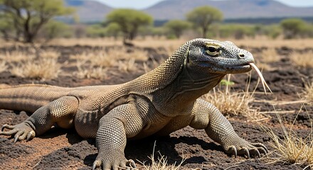 A large reptile, with leathery scales, rests on arid land. Its forked tongue extends, amidst brown vegetation and distant hills