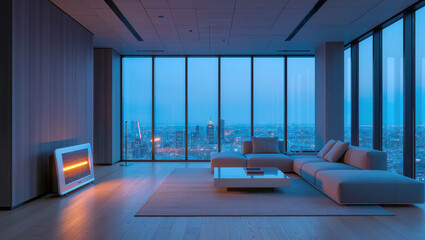 Modern living room with city view at twilight in a high-rise building