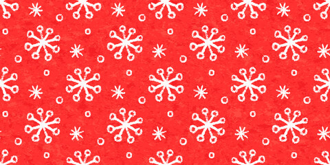 Red seamless pattern with snowflakes drawn with chalk pencils. Cozy winter background with white doodle icons with crayon texture, print for Christmas decoration, wrapping paper. Vector illustration