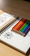 A notebook with a spiral binding lies open with a drawing, alongside a set of colorful pencils. The scene is brightly lit