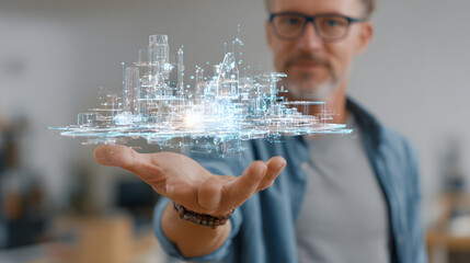 Man holding a glowing holographic city model in his hand
