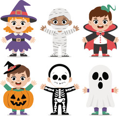 Six cartoon children in Halloween costumes witch mummy vampire pumpkin skeleton ghost vector 1