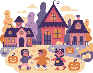 Three children in Halloween costumes walk past decorated houses and pumpkins kids trick or treat