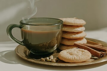 Steam rising from a cup of tea next to cardamom cookies and cinnamon on a tray
