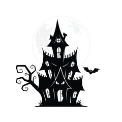 Silhouette of a haunted house with a full moon isolated on white background