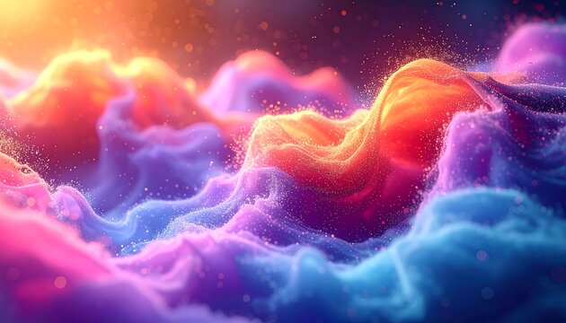 An abstract, colorful composition depicts swirling, cloud-like formations. Shades of orange, pink, and blue blend together with particles of light - Powered by Adobe