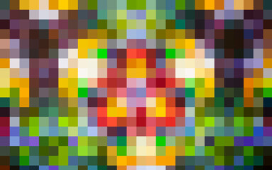 Vibrant, symmetrical abstract pixel art mosaic with an intense, colorful, mirrored pattern and a retro digital aesthetic.
