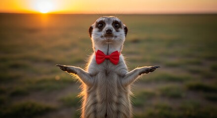 A meerkat stands proudly in an open field, arms outstretched, wearing a red bow tie, with the sunset behind it