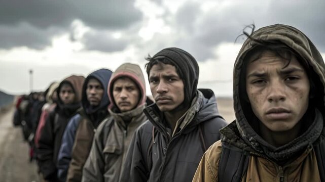Immigrants standing in line outdoors on cloudy day, refugees wearing jackets and backpacks, migration and humanitarian concept
