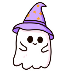 Cute Ghost Wearing Wizard Hat Cartoon