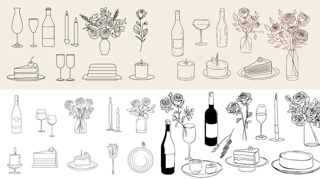Minimalist line art vector illustration showing elegant table elements—wine glasses, bottles, cakes, candles, and flowers. Ideal for restaurant logos, invitations, or modern celebration designs.
