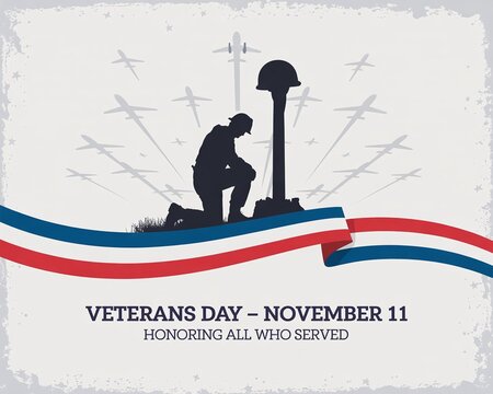 Veterans Day November 11 Solemn Tribute with Soldier Kneeling at a Battlefield Cross Gravesite Against a Backdrop of Flying Fighter Jets