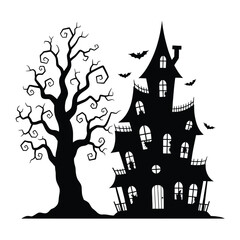 Spooky haunted house with bare tree and flying bat silhouette