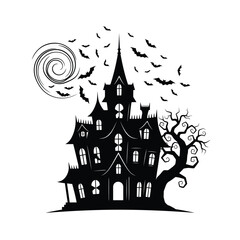 Haunted house silhouette with bats flying around isolated on white background