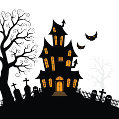 Haunted house with graveyard and spooky tree isolated on white background