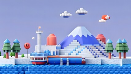 Fototapeta premium Charming 3D illustration of a whimsical Japanese cityscape with Mount Fuji, clouds, and a passenger boat for travel and tourism posters or children's books