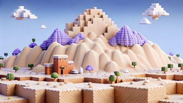 Explore a whimsical pixelated landscape with charming blocky mountains, trees, and a quaint building under a dreamy sky, perfect for imaginative projects