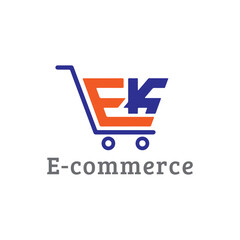 letter EK online shop logo design. shopping cart logo. e commerce editable vector logo. EK logo, letter EK cart logo