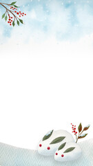 南天と雪うさぎの水彩画 Japanese style Illustration	