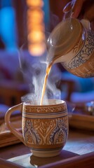 Hot tea pouring into ornate mug with steam in cozy setting