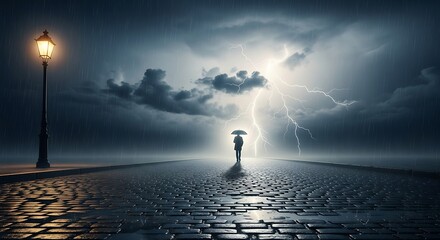 A lone figure walks under an umbrella on a wet cobblestone street at night, with a stormy sky, lightning, and a street lamp