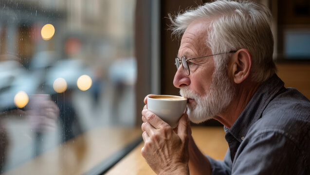 Window with raindrops on glass. Elderly man enjoying sipping coffee outdoors. - Powered by Adobe