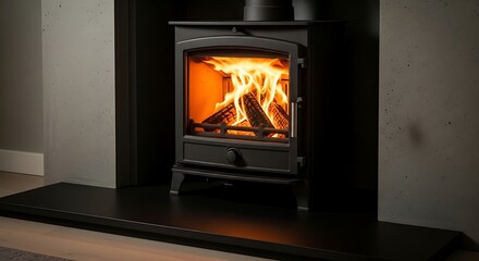 A modern, dark-colored fireplace showcasing burning logs behind glass, within a gray wall and dark hearth setting