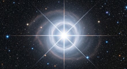 A luminous celestial body radiates light, featuring prominent cross-shaped beams. Surrounding the core is a cosmic ring against a backdrop of myriad distant stars