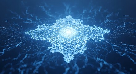 A luminous core radiates energy through interconnected, web-like structures in shades of blue. The image evokes technology and connectivity