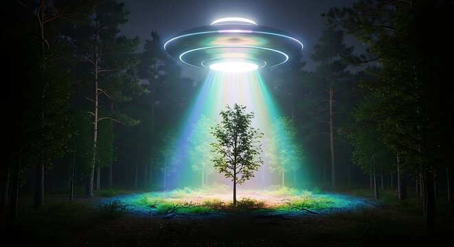 A luminous craft hovering above a lone tree in a dark forest, casting a vibrant multi-colored beam