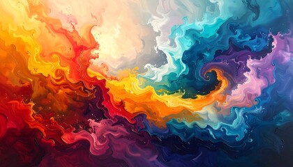 An abstract painting shows swirls of vibrant colors blending together. Reds, oranges, yellows, blues, purples create a dynamic composition